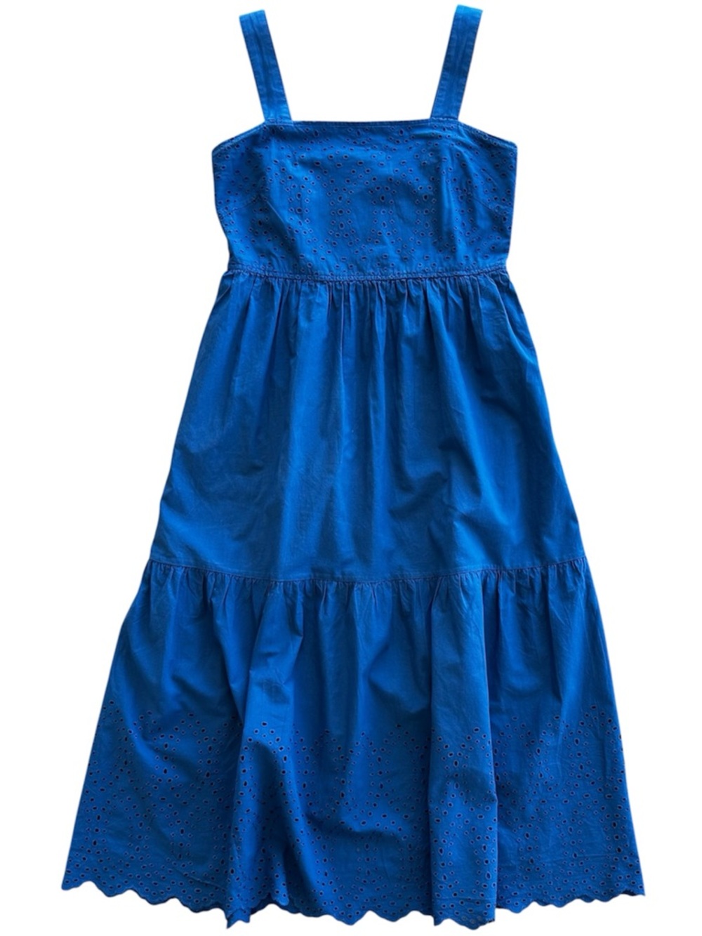Uniglo Cotton Sun Midi Dress Eyelet Smocked Pockets Blue Size XS Women's